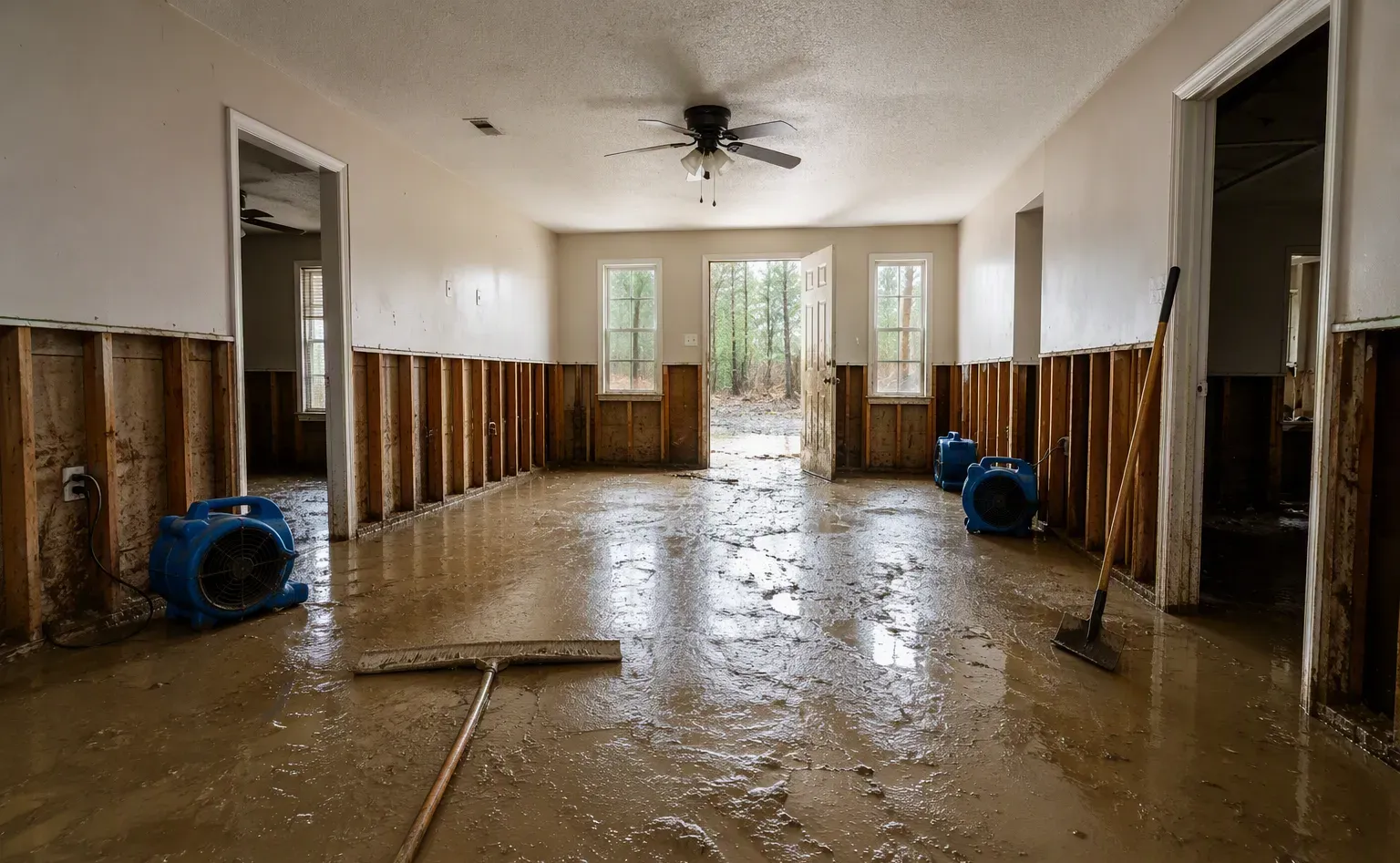 Flood cleanup and water-damaged carpet removal in a Albany home